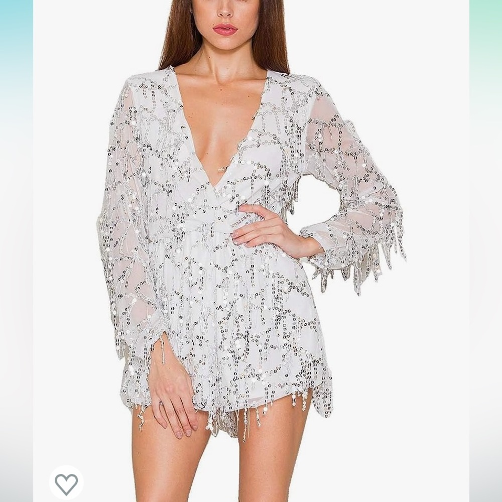Long Sleeve White Soft Lining Casual Jumpsuit Romper with Sequins